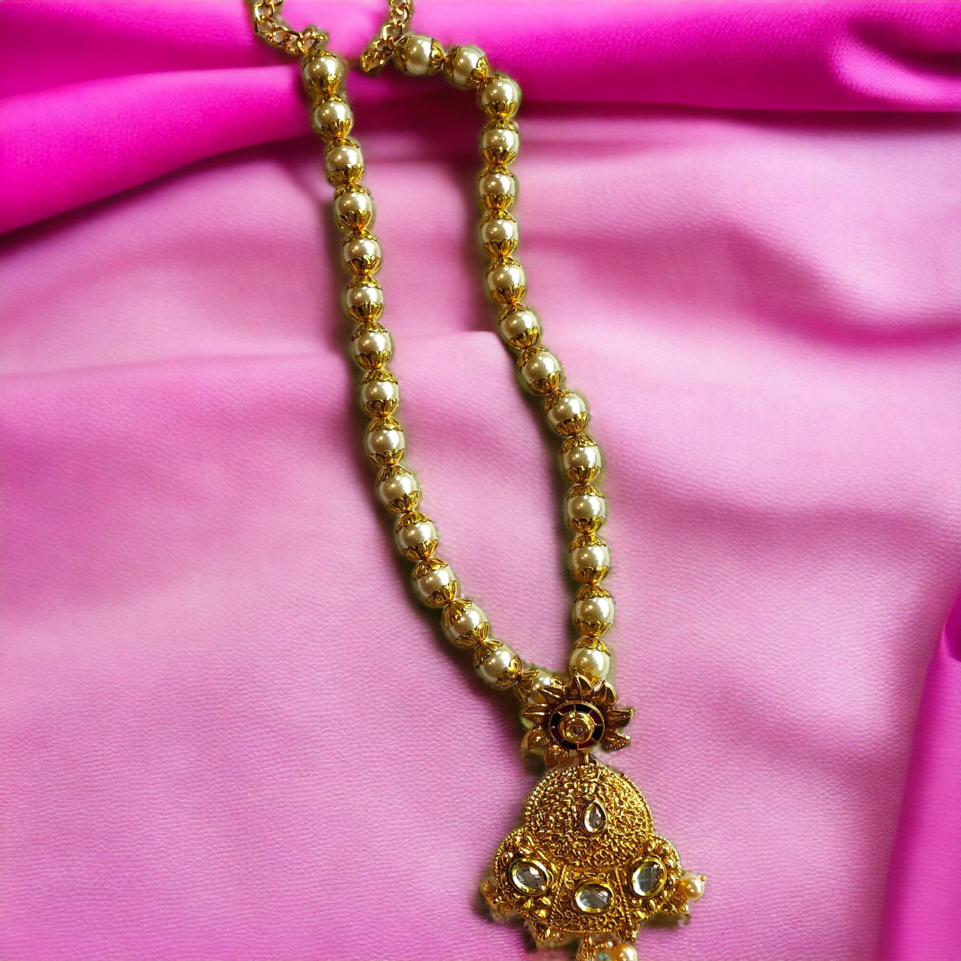 Large Gold Traditional Indian Pearl Asian Pendant Necklace and Earring Set