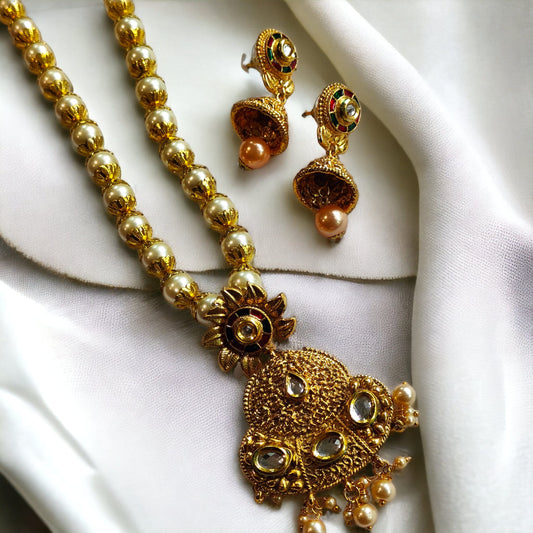 Large Gold Traditional Indian Pearl Asian Pendant Necklace and Earring Set