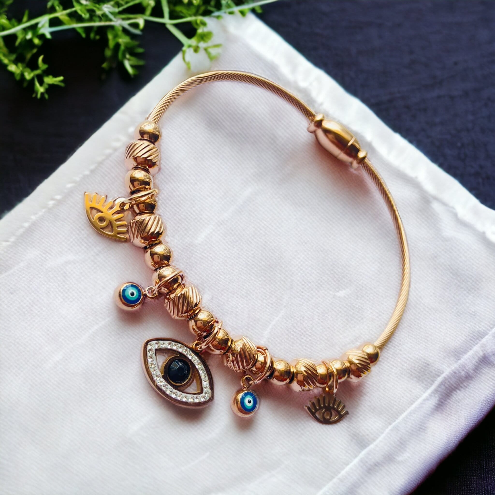 Rose Gold Evil Eye Dangle Charms Protection Dangly Bracelet
