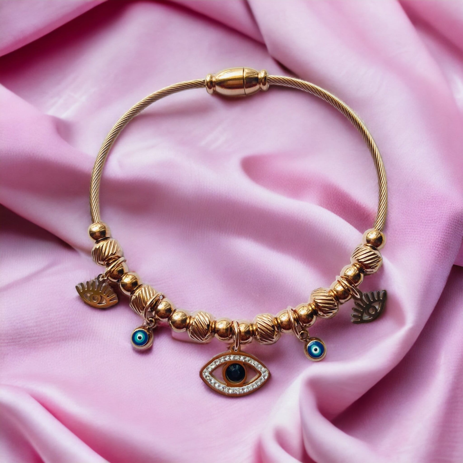 Rose Gold Evil Eye Dangle Charms Protection Dangly Bracelet