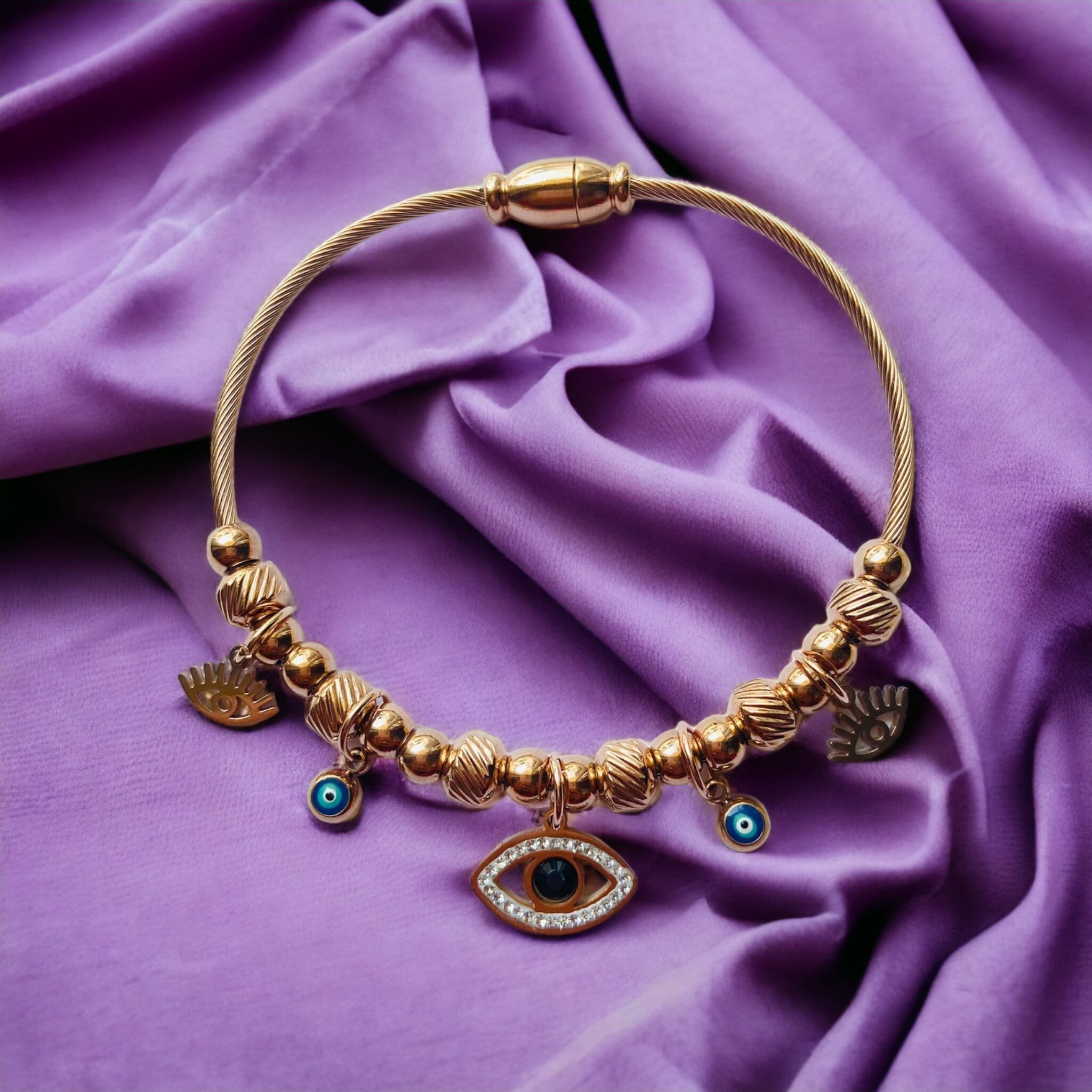 Rose Gold Evil Eye Dangle Charms Protection Dangly Bracelet