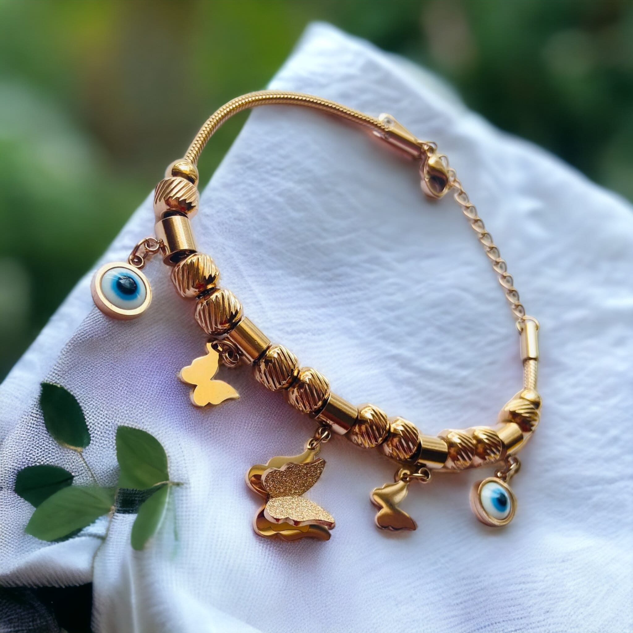 Rose Gold Evil Eye Butterfly Dangle Charms Animal Dangly Bracelet