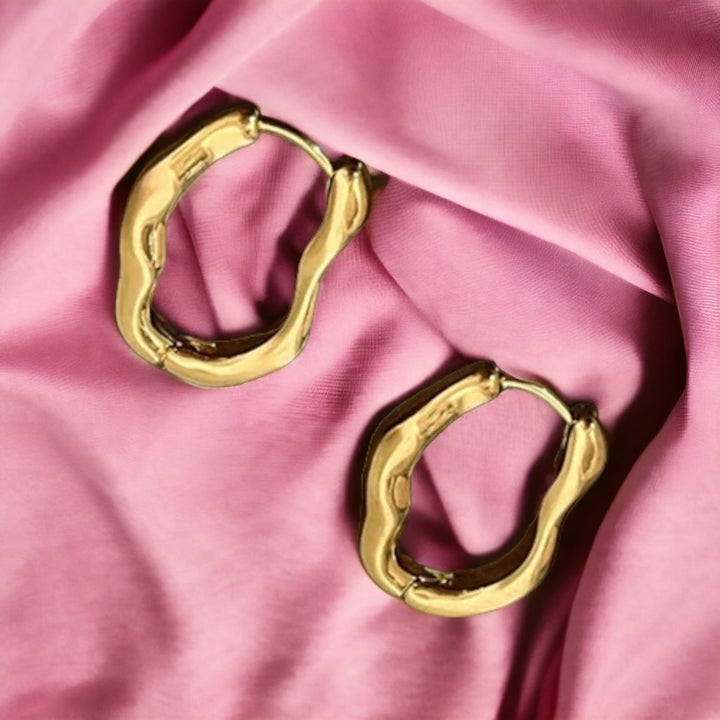 Gold Irregular Wave Shape Oval Large Metal Luxury Earlobe Hoop Earrings (Close-up Detail) | The Colourful Aura