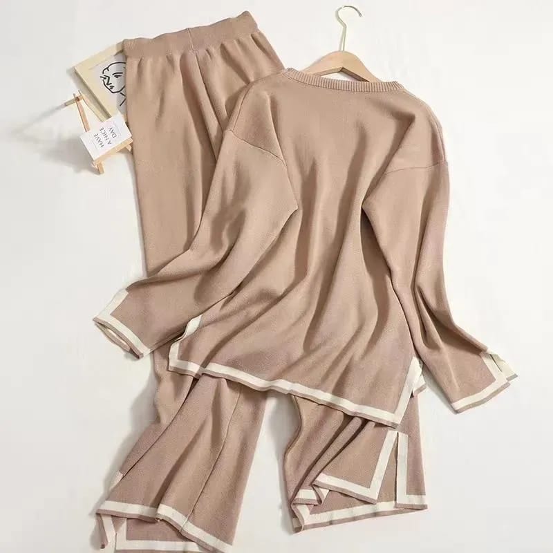 O-Neck Beige Full Sleeve Loose Square Top Wide Leg Pant Women's Knitted Co-ord Set