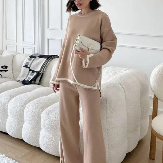 O-Neck Beige Full Sleeve Loose Square Top Wide Leg Pant Women's Knitted Co-ord Set