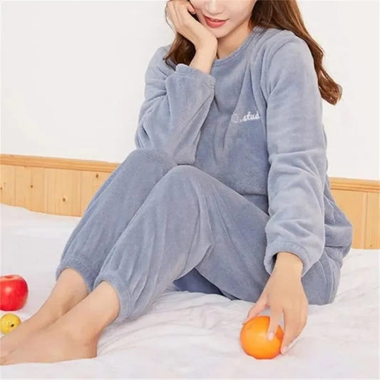 Blue Loose Velvet  Warm Full Sleeve Elastic  Winter Pyjama Set