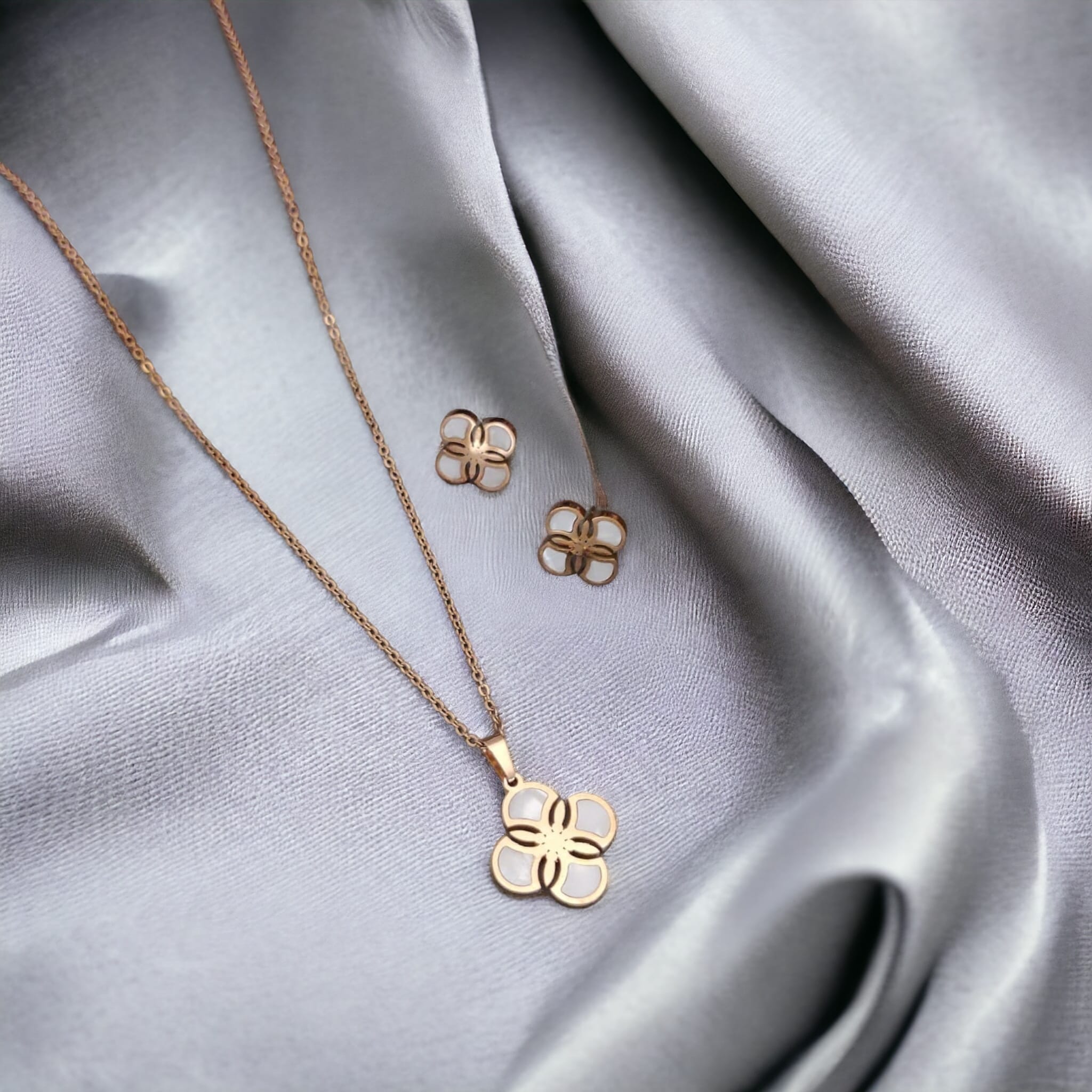 White Enamel Minimalistic Clover Pendant Necklace and Earring Set