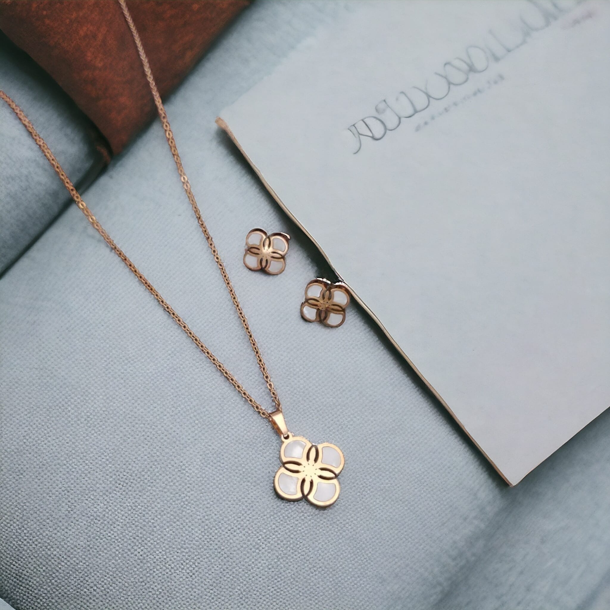 White Enamel Minimalistic Clover Pendant Necklace and Earring Set