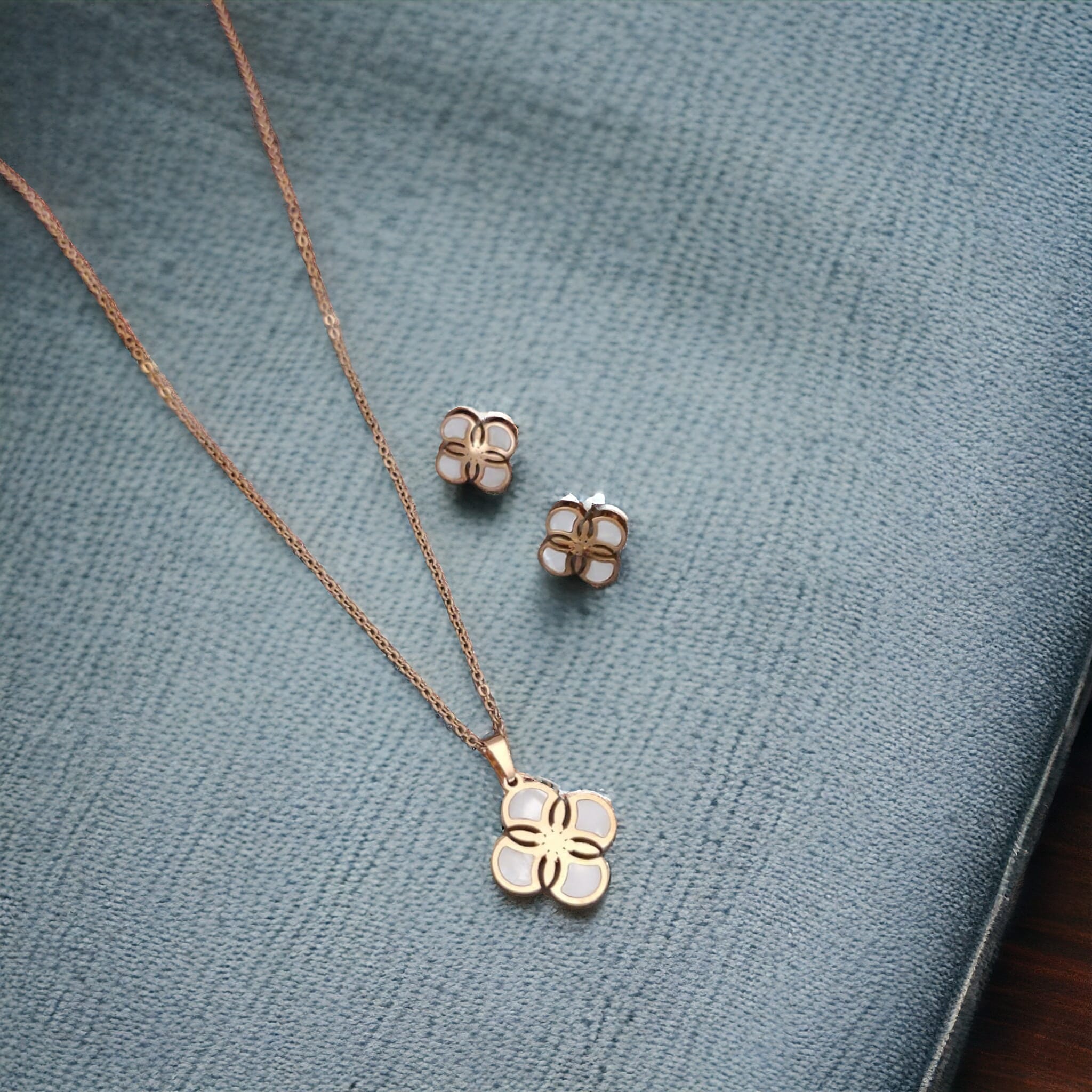 White Enamel Minimalistic Clover Pendant Necklace and Earring Set