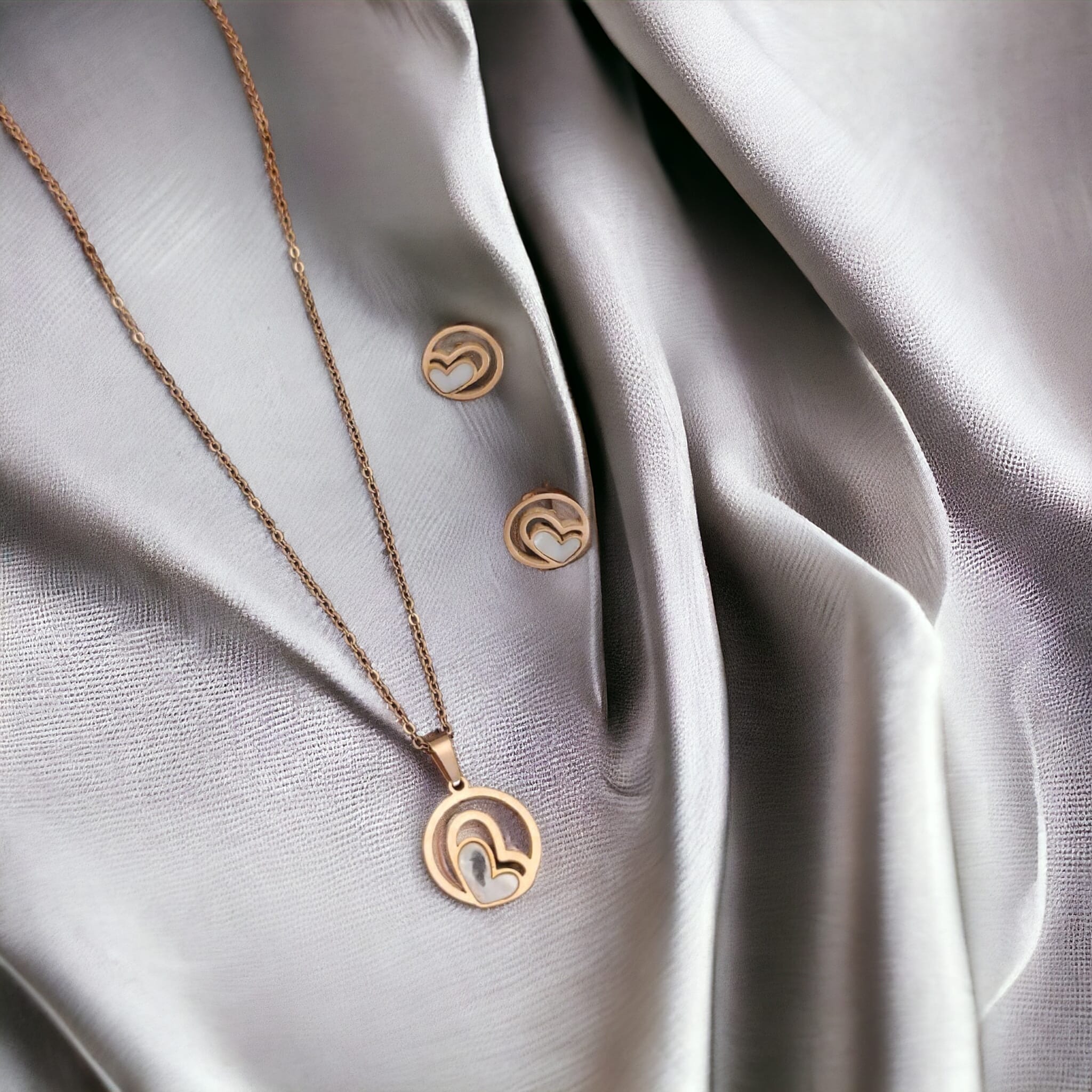 White Enamel Minimalistic Heart Pendant Necklace and Earring Set