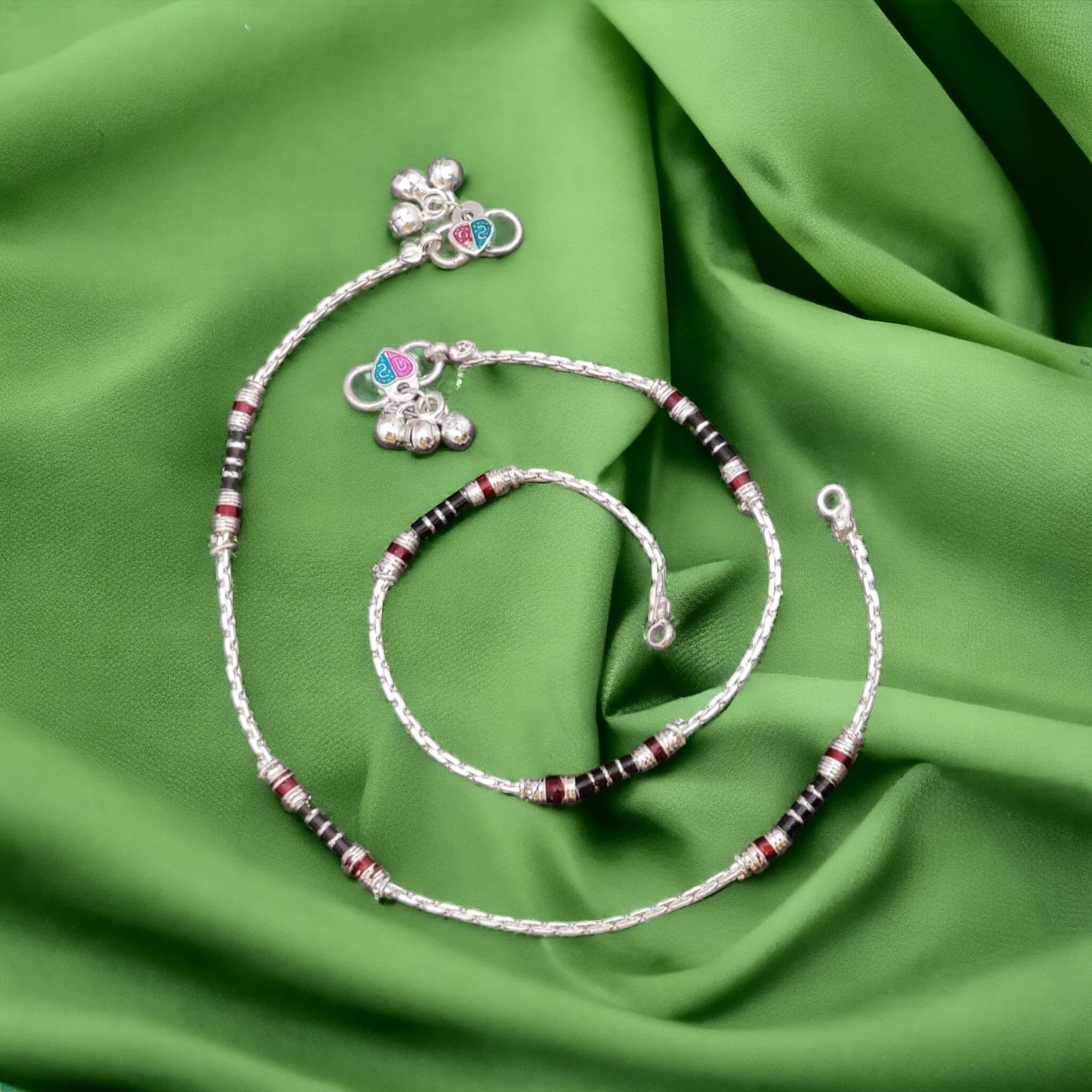 Black Red Enamel Pipe Silver Plated Asian Indian Payal Anklet