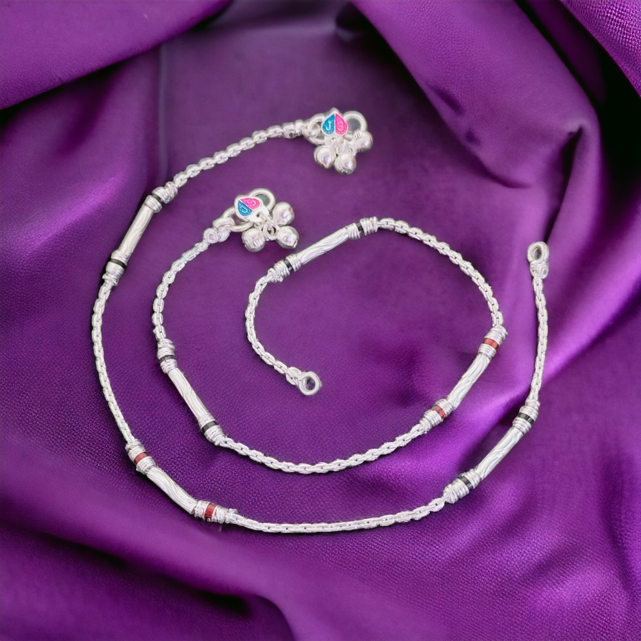 Red Enamel Pipe Silver Plated minimalistic Asian Indian Payal Anklet