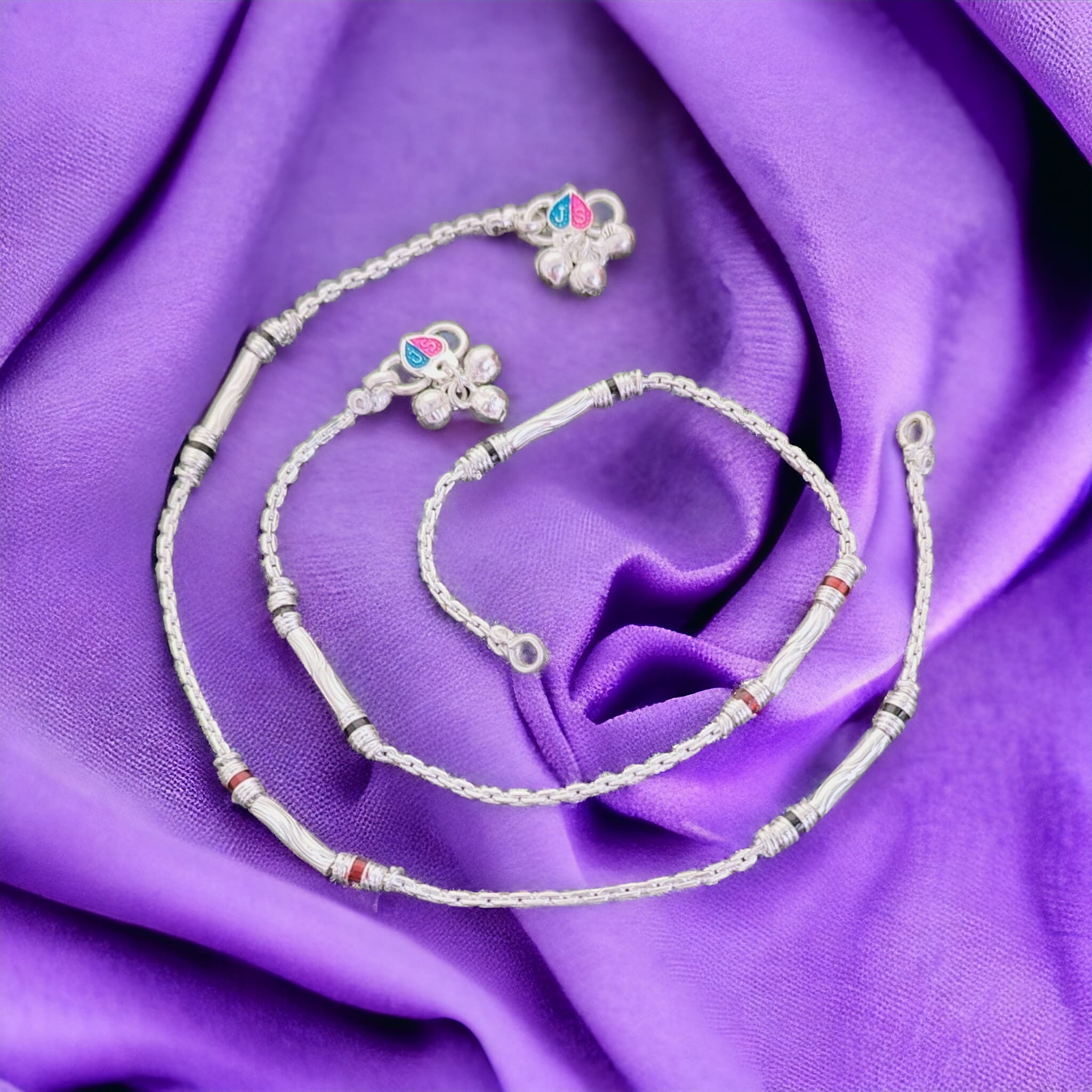 Red Enamel Pipe Silver Plated minimalistic Asian Indian Payal Anklet