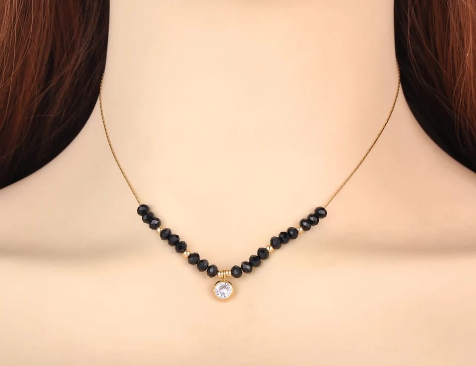 Black Crystal Round Zircon Charm Minimalistic Mangalsutra Pendent Necklace