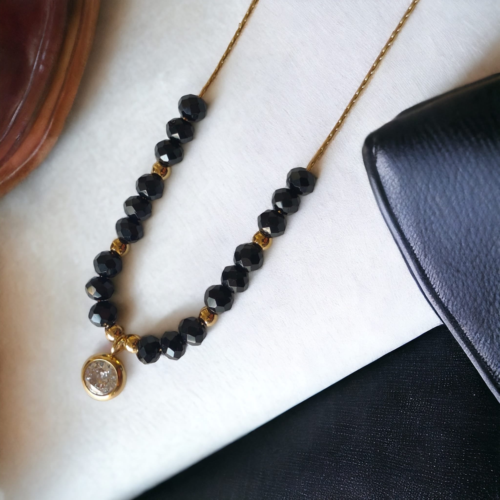 Black Crystal Round Zircon Charm Minimalistic Mangalsutra Pendent Necklace