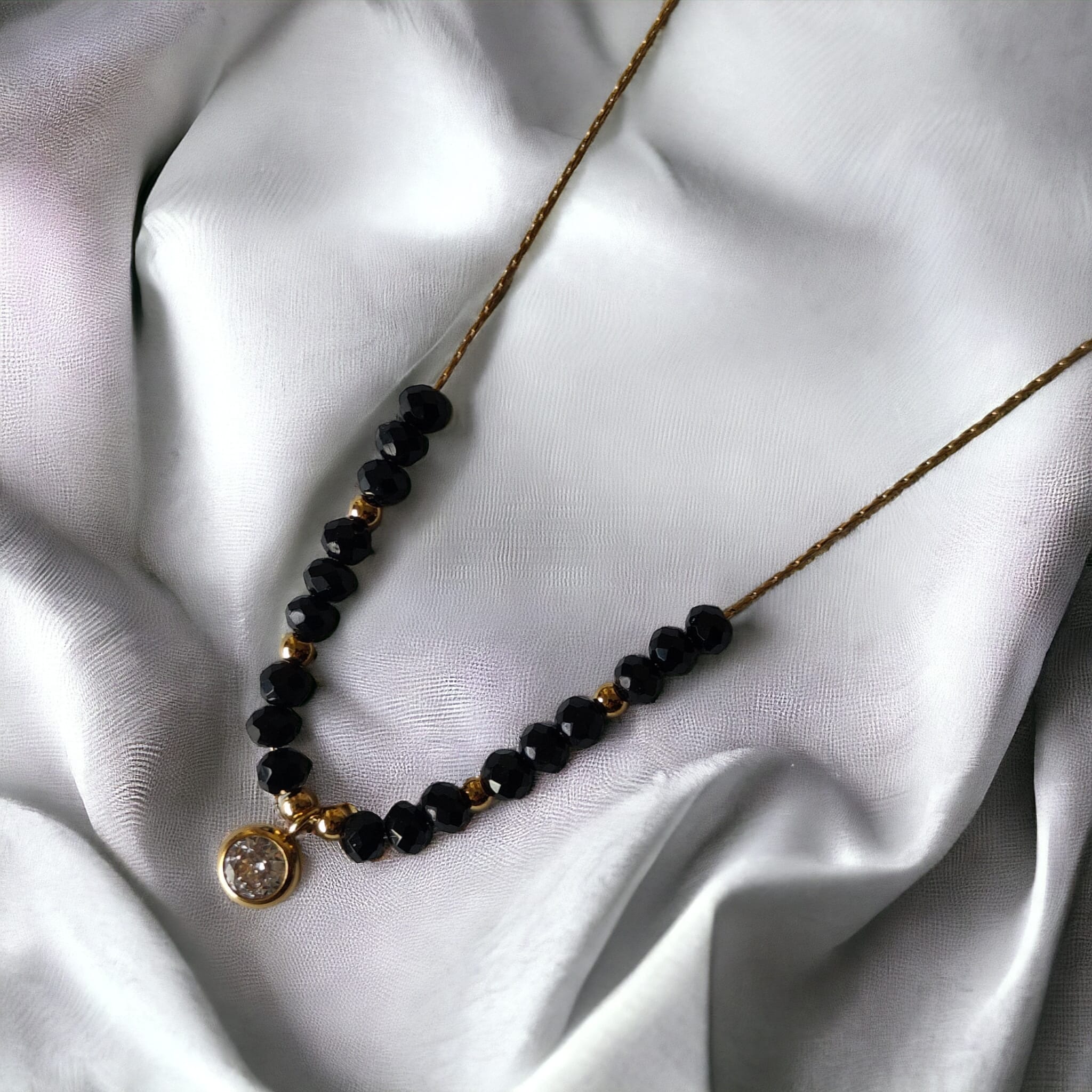 Black Crystal Round Zircon Charm Minimalistic Mangalsutra Pendent Necklace