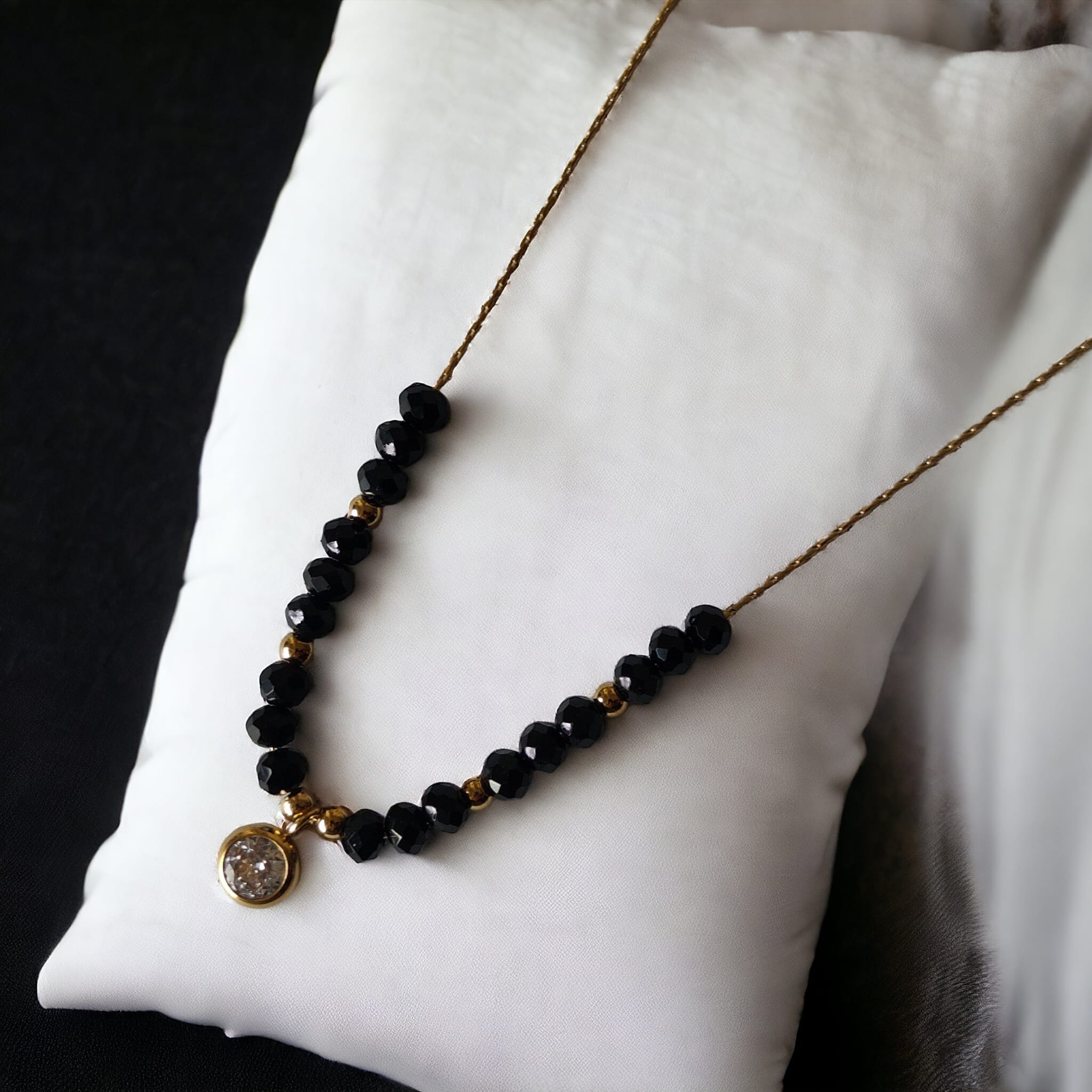 Black Crystal Round Zircon Charm Minimalistic Mangalsutra Pendent Necklace