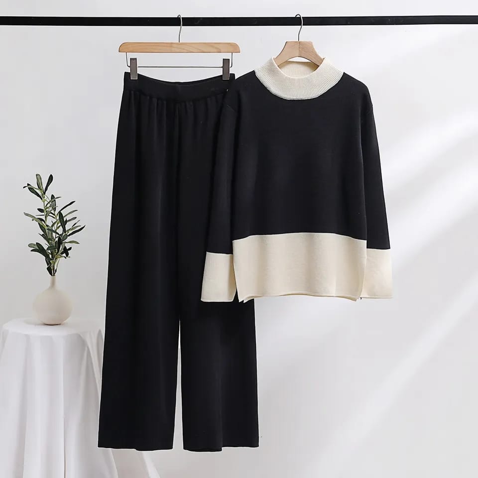 Black Long Sleeve Knitted Square Top Casual Leg Pant Women's Co-ord Set