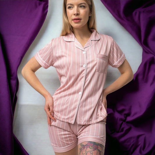 Pink Stripe Soft Cotton Night Suit Nightwear Women's Sleepwear Shorts Pyjama Set