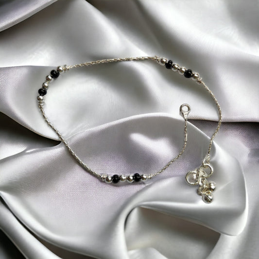 Silver Black Beaded Braided Chain Indian Asian Payal Thin Anklet