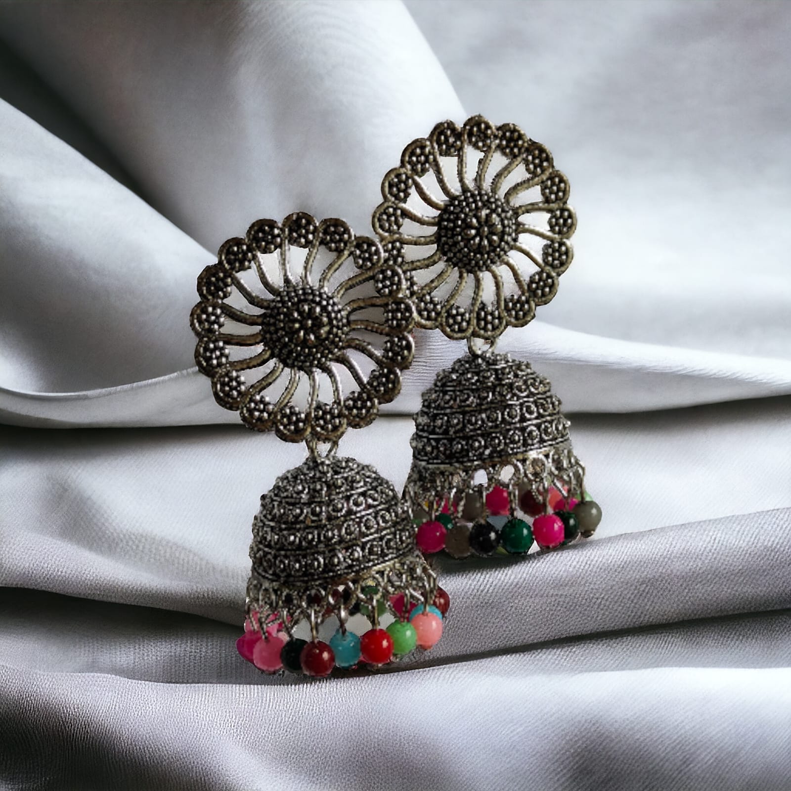 Small Bohemian Floral Indian Oxidised Boho Indian Asian Bridal Drop Jhumkis
