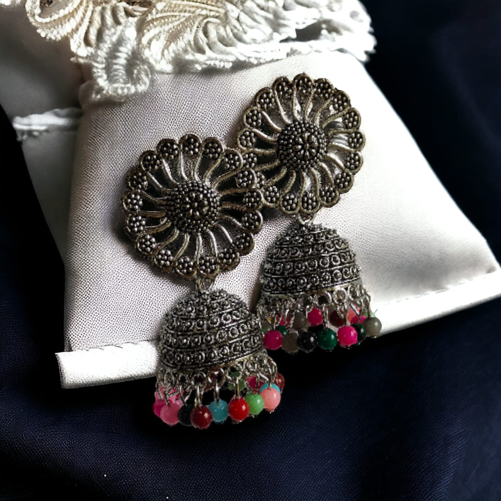 Small Bohemian Floral Indian Oxidised Boho Indian Asian Bridal Drop Jhumkis