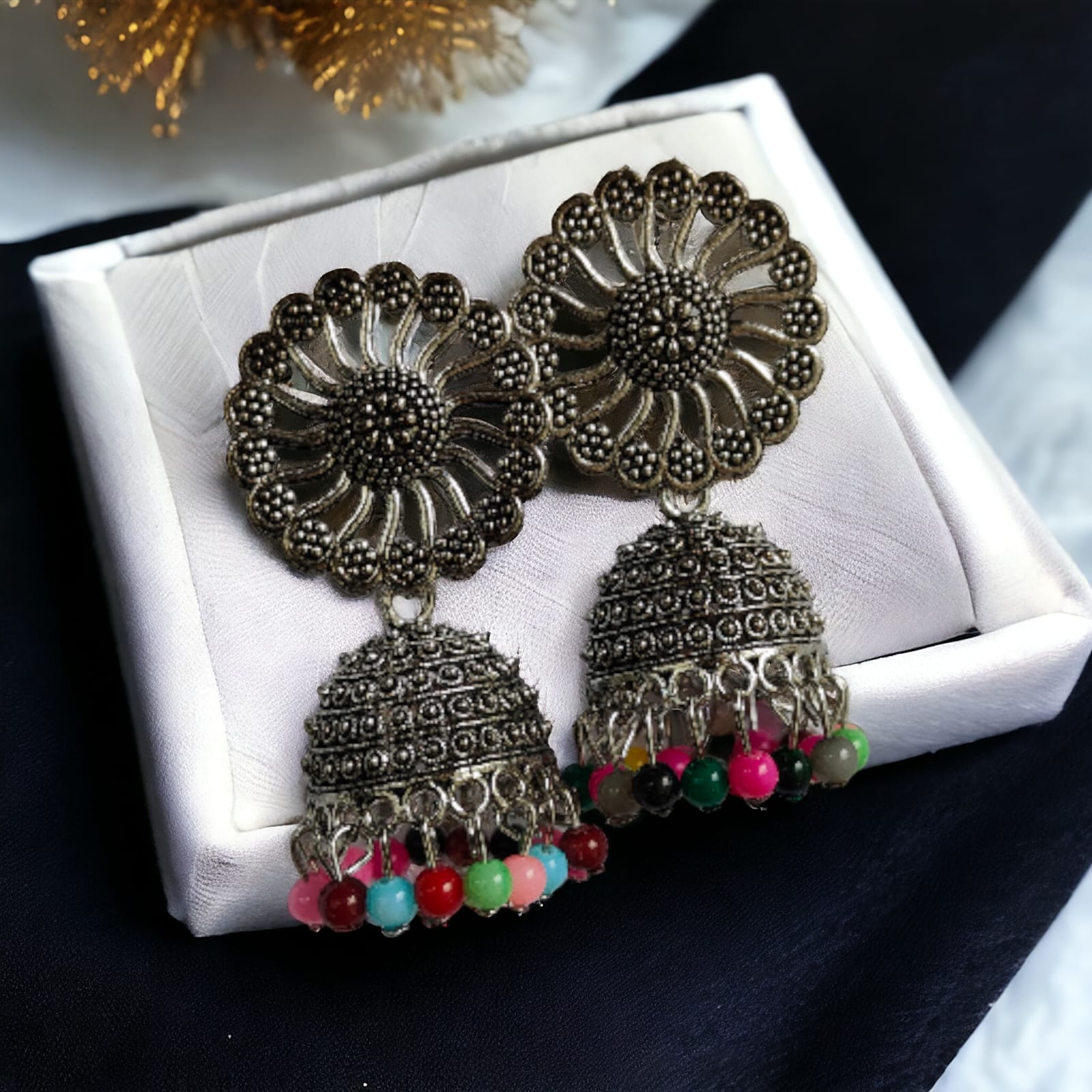 Small Bohemian Floral Indian Oxidised Boho Indian Asian Bridal Drop Jhumkis