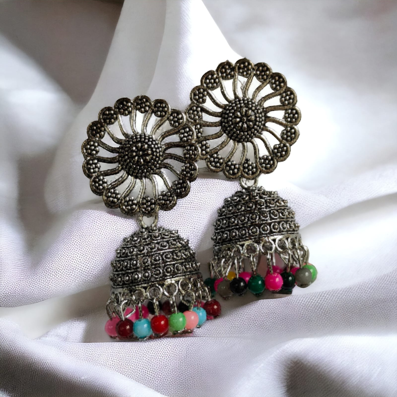Small Bohemian Floral Indian Oxidised Boho Indian Asian Bridal Drop Jhumkis