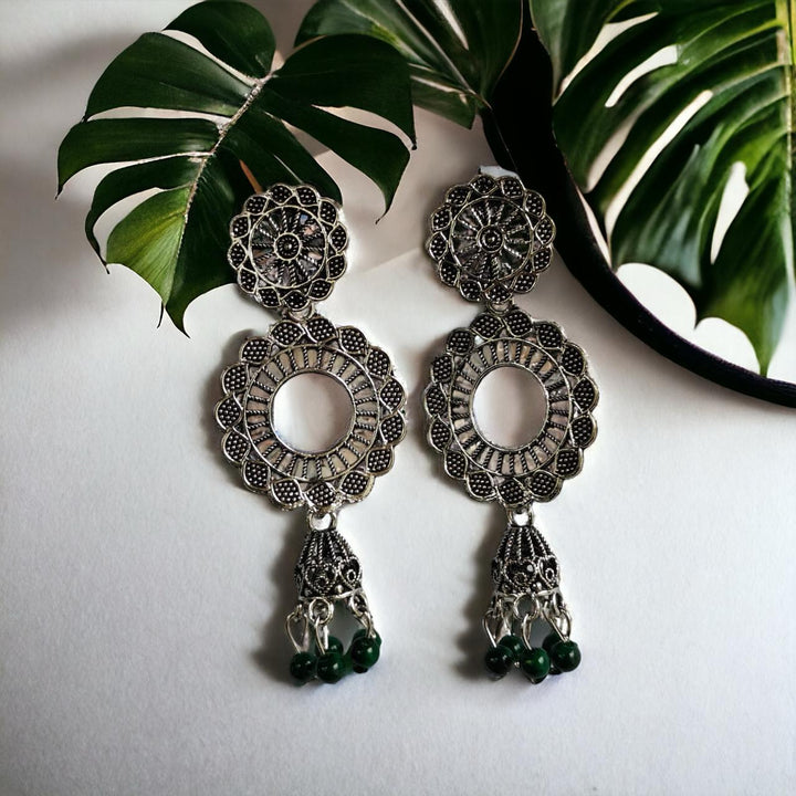 Green Indian Boho Oxidised Drop Ethnic Jhumkis Earrings (Close-up Detail) | The Colourful Aura