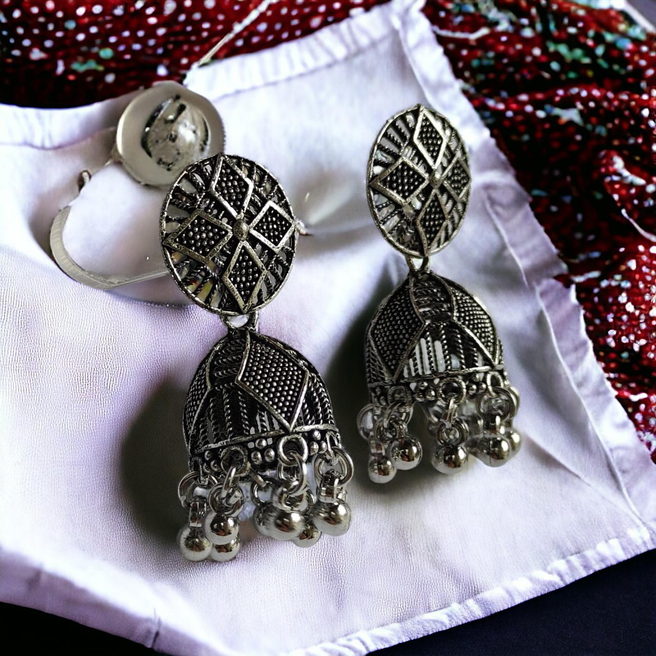 Geometric Indian Oxidised Boho Drop Dome Ethnic Jhumki Earrings