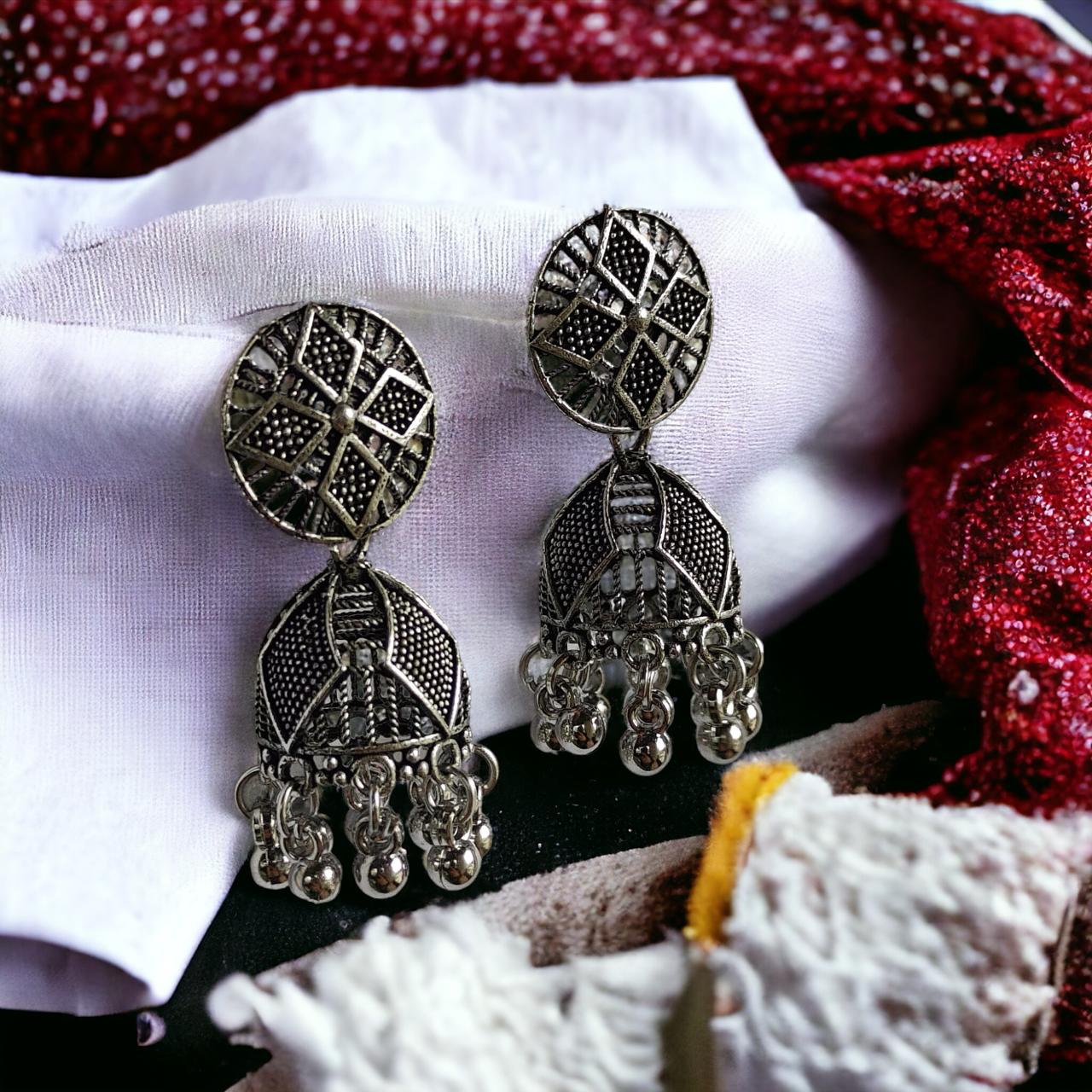 Geometric Indian Oxidised Boho Drop Dome Ethnic Jhumki Earrings