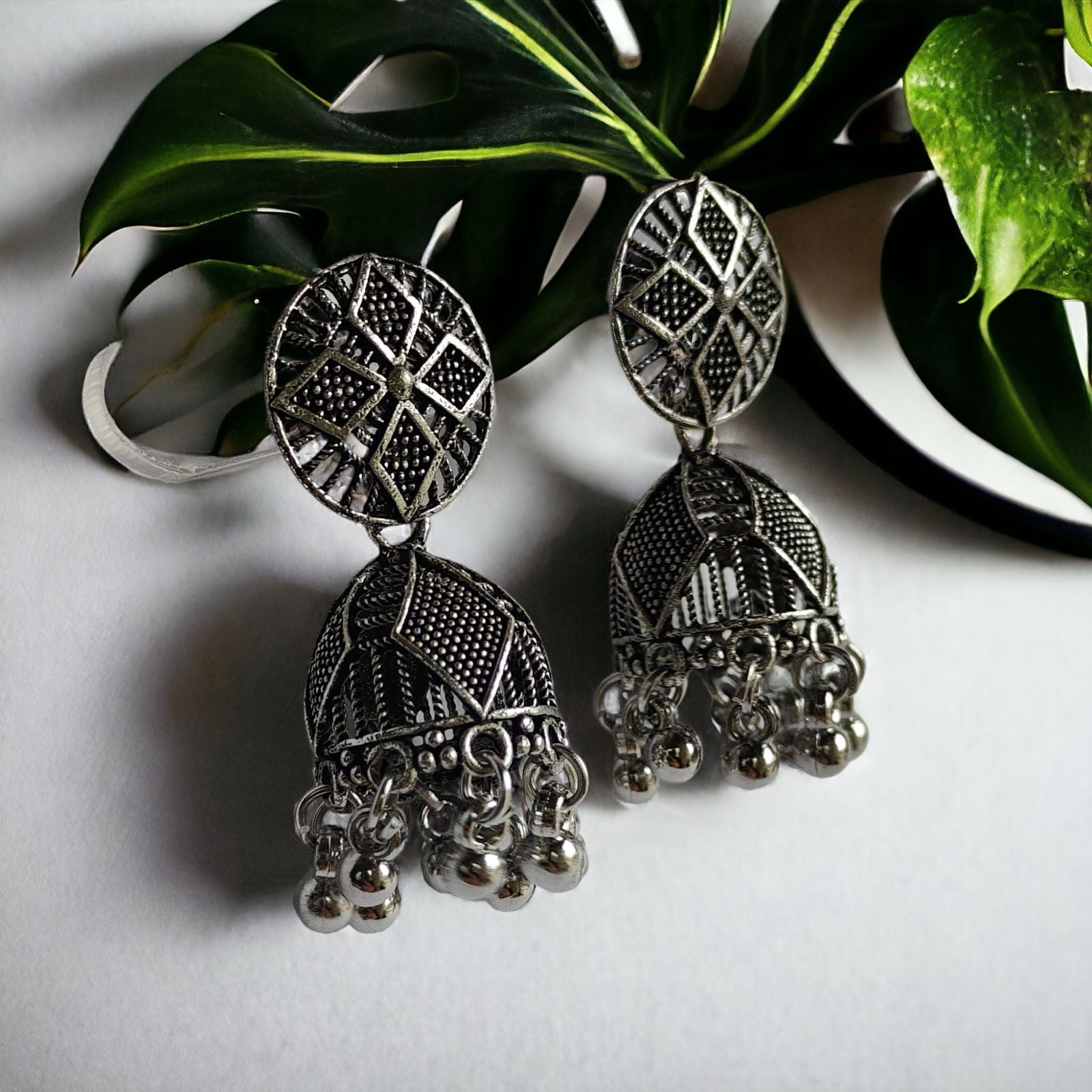 Geometric Indian Oxidised Boho Drop Dome Ethnic Jhumki Earrings