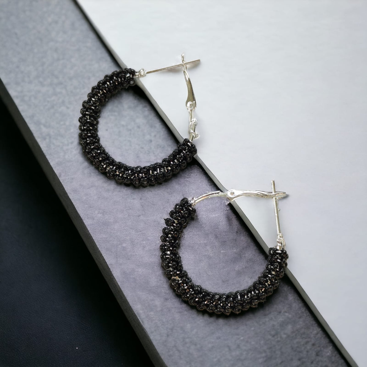 Large Bead Braided Summer Dainty Boho Huggie Asian Hoop Earrings (Close-up Detail) | The Colourful Aura
