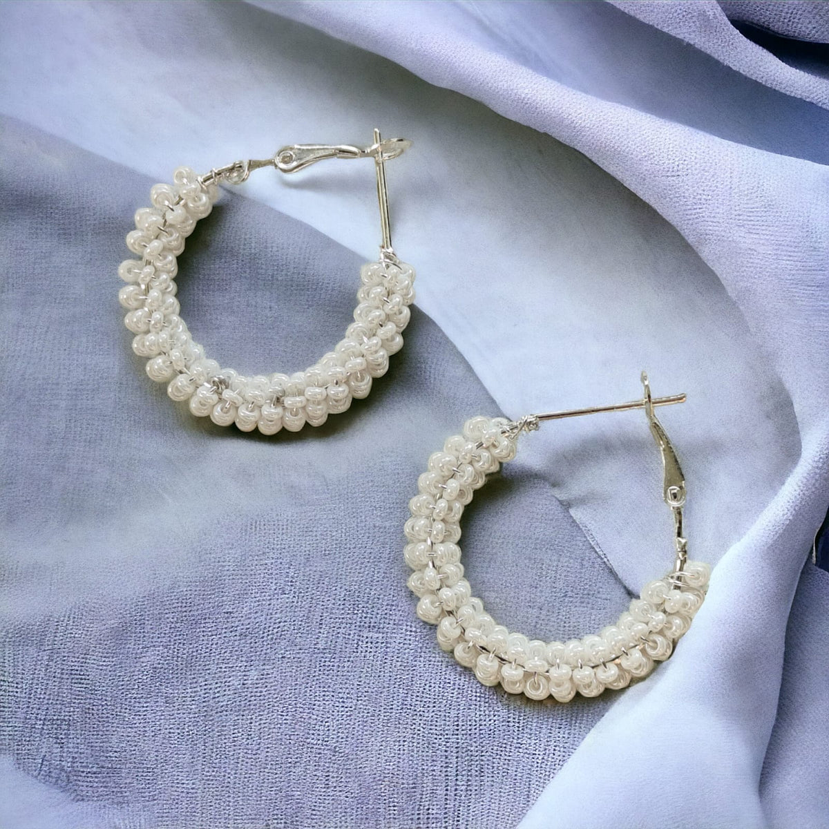Large Bead Braided Summer Dainty Boho Huggie Asian Hoop Earrings (Close-up Detail) | The Colourful Aura