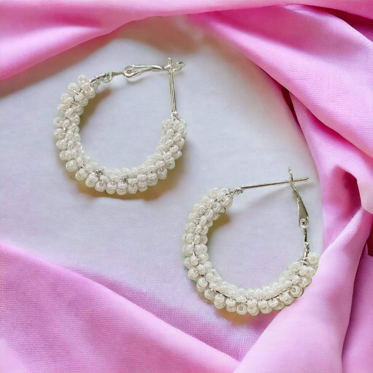 Large Bead Braided Summer Dainty Boho Huggie Asian Hoop Earrings (Close-up Detail) | The Colourful Aura