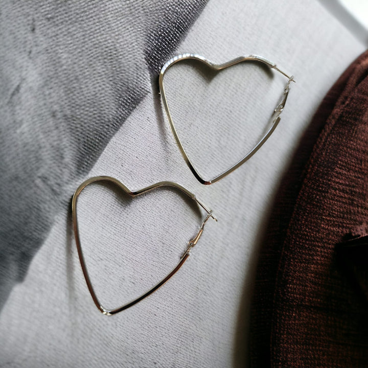 Silver Boho Large Heart Geometric Hoop Earrings (Close-up Detail) | The Colourful Aura