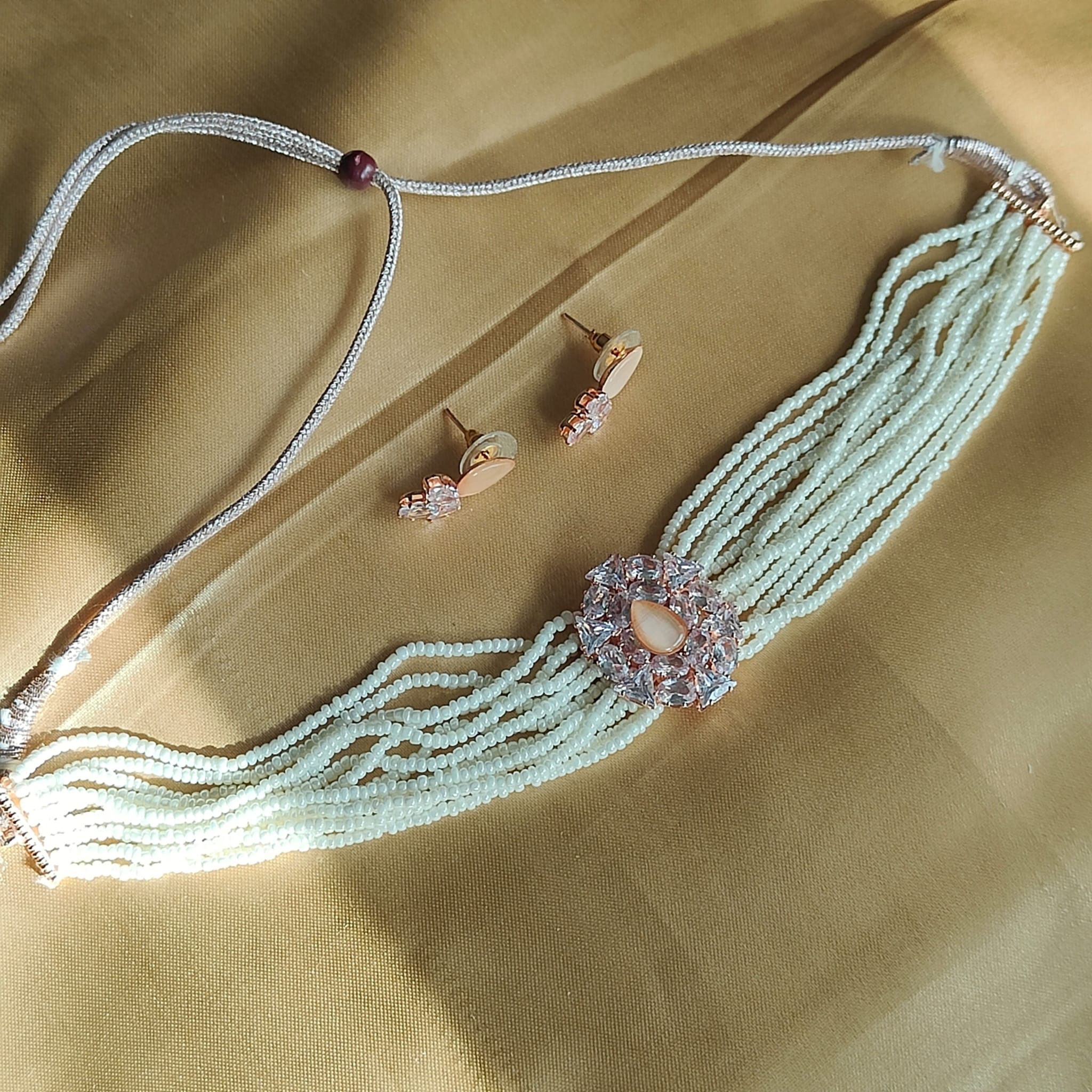 Multi Strand White Pearl Rose Gold Zircon Stone Victorian Choker set