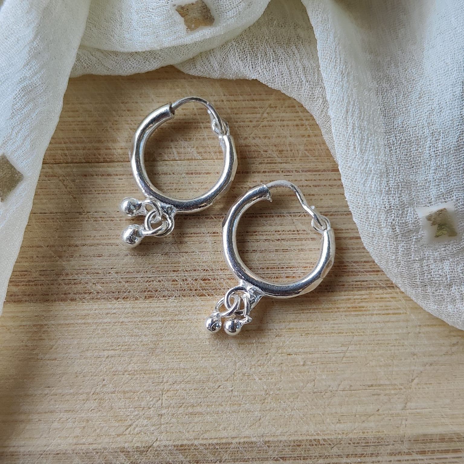 15mm Pure Silver Two Ball drop Bali Dainty Statement Huggie Steampunk Hoop Earring
