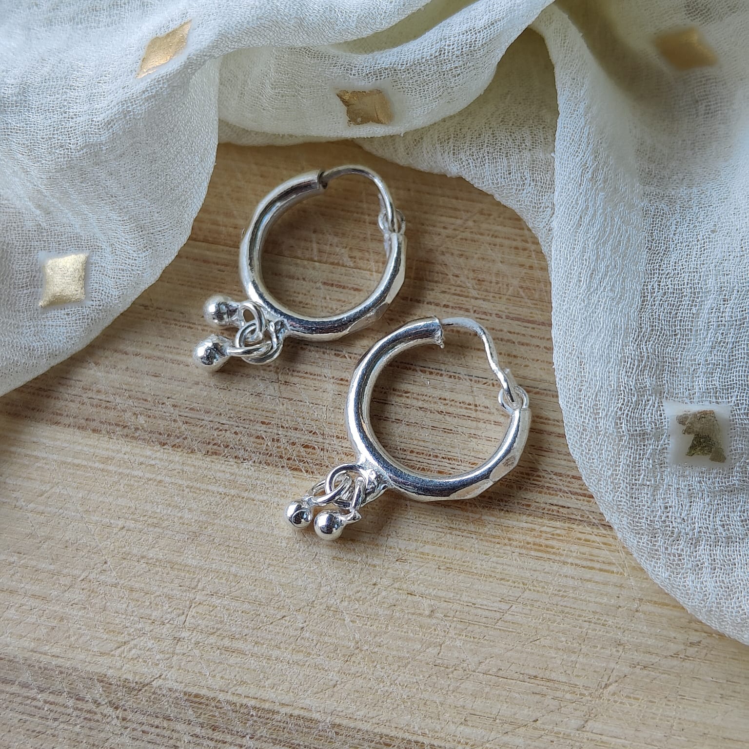 15mm Pure Silver Two Ball drop Bali Dainty Statement Huggie Steampunk Hoop Earring