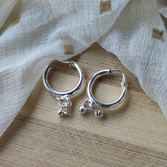 15mm Pure Silver Two Ball drop Bali Dainty Statement Huggie Steampunk Hoop Earring