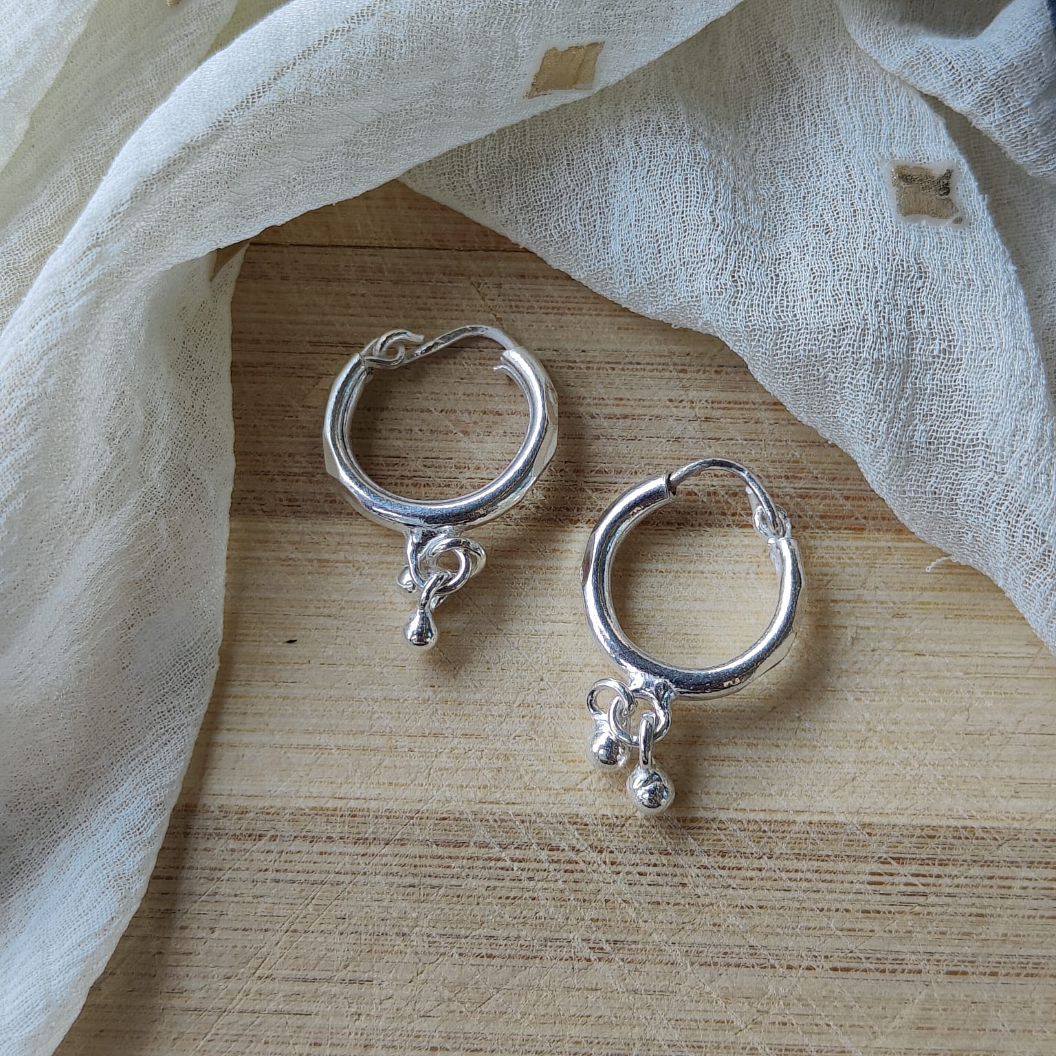 15mm Pure Silver Two Ball drop Bali Dainty Statement Huggie Steampunk Hoop Earring