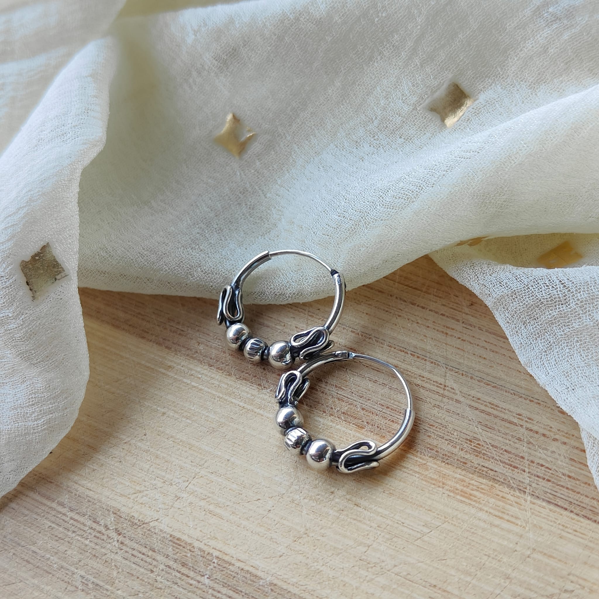 Silver Sterling Oxidised Wired Ball Tribal Dainty Minimal Statement Hoops