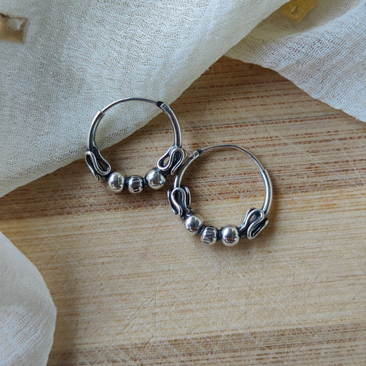 Silver Sterling Oxidised Wired Ball Tribal Dainty Minimal Statement Hoops