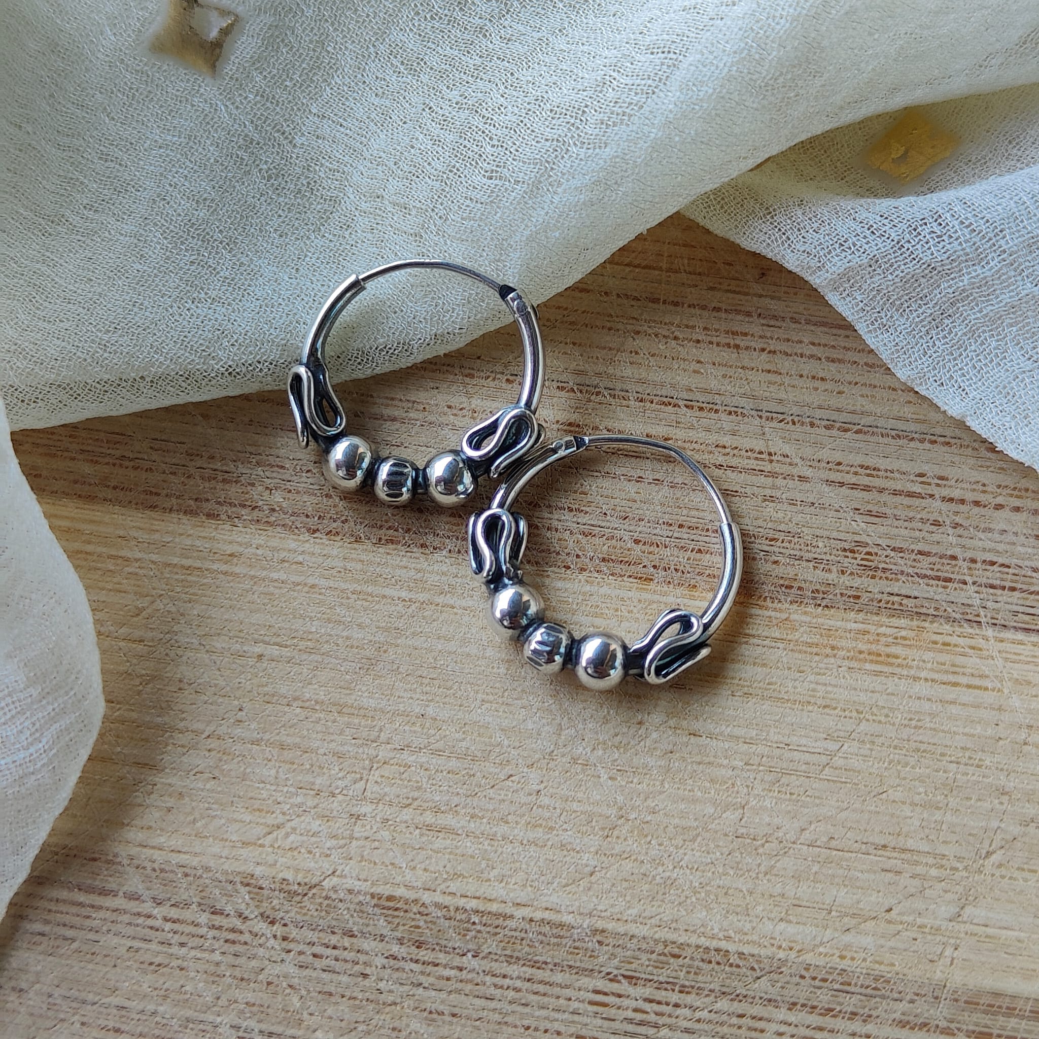 Silver Sterling Oxidised Wired Ball Tribal Dainty Minimal Statement Hoops