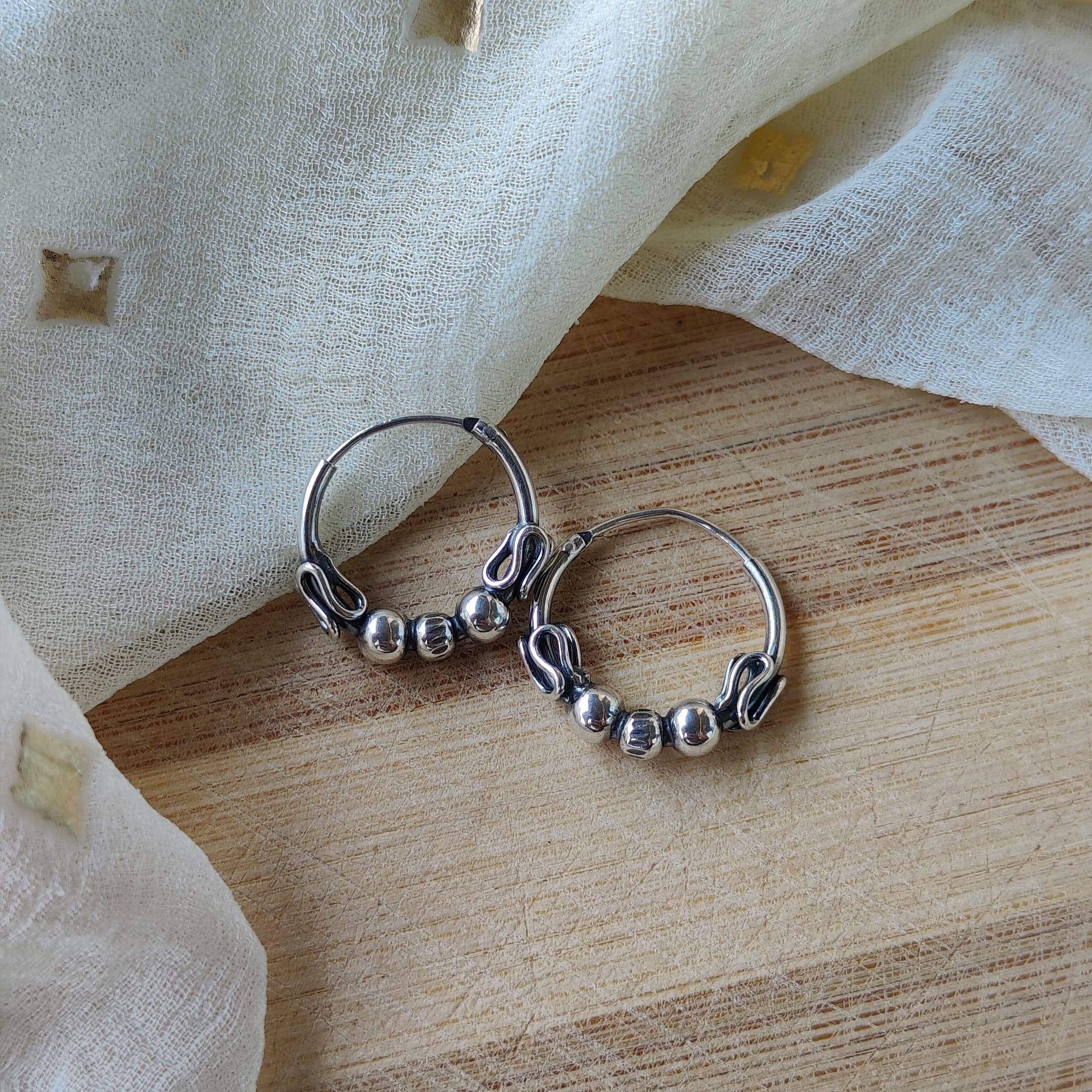 Silver Sterling Oxidised Wired Ball Tribal Dainty Minimal Statement Hoops