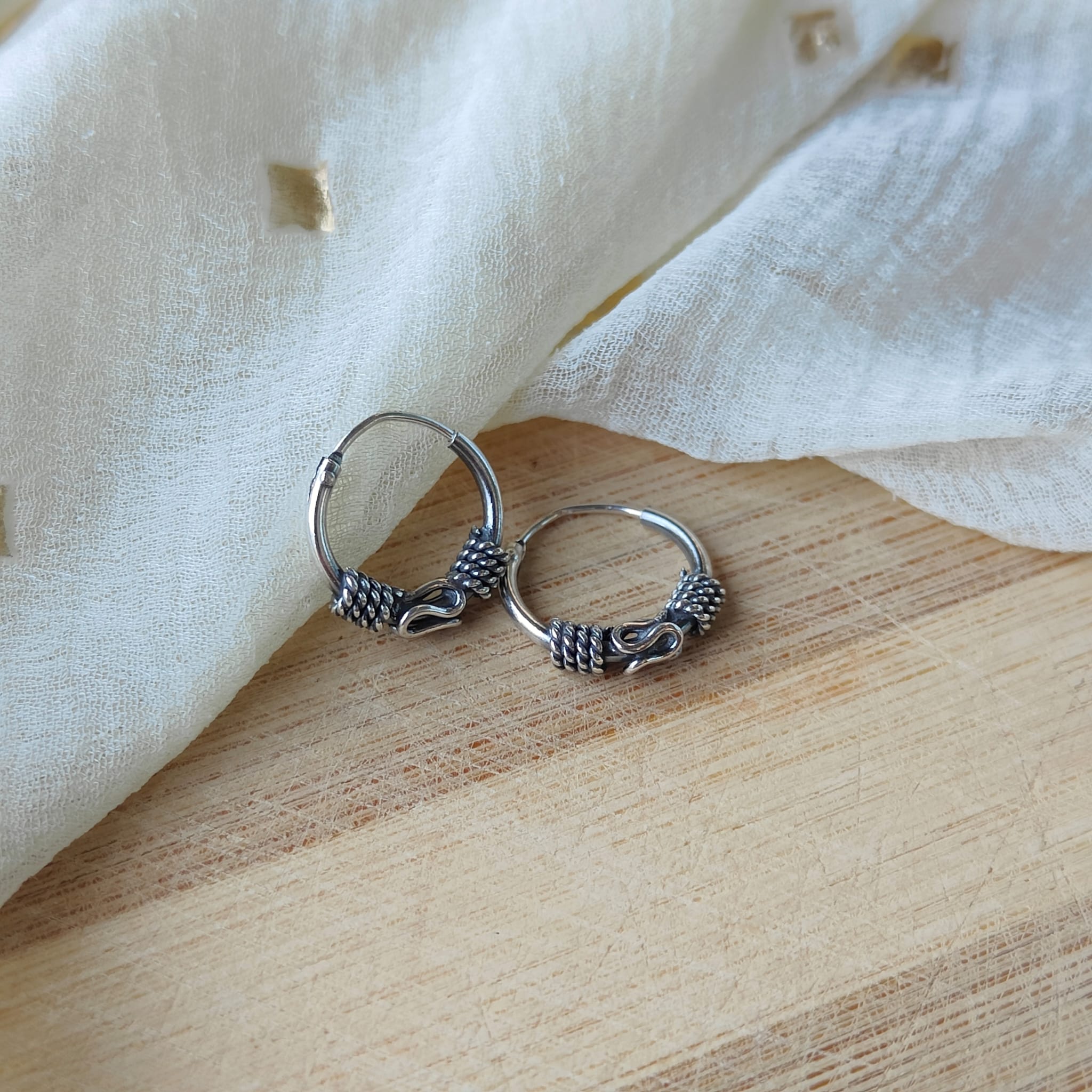 Silver Sterling Oxidised Wired Tribal Dainty Statement Hoops