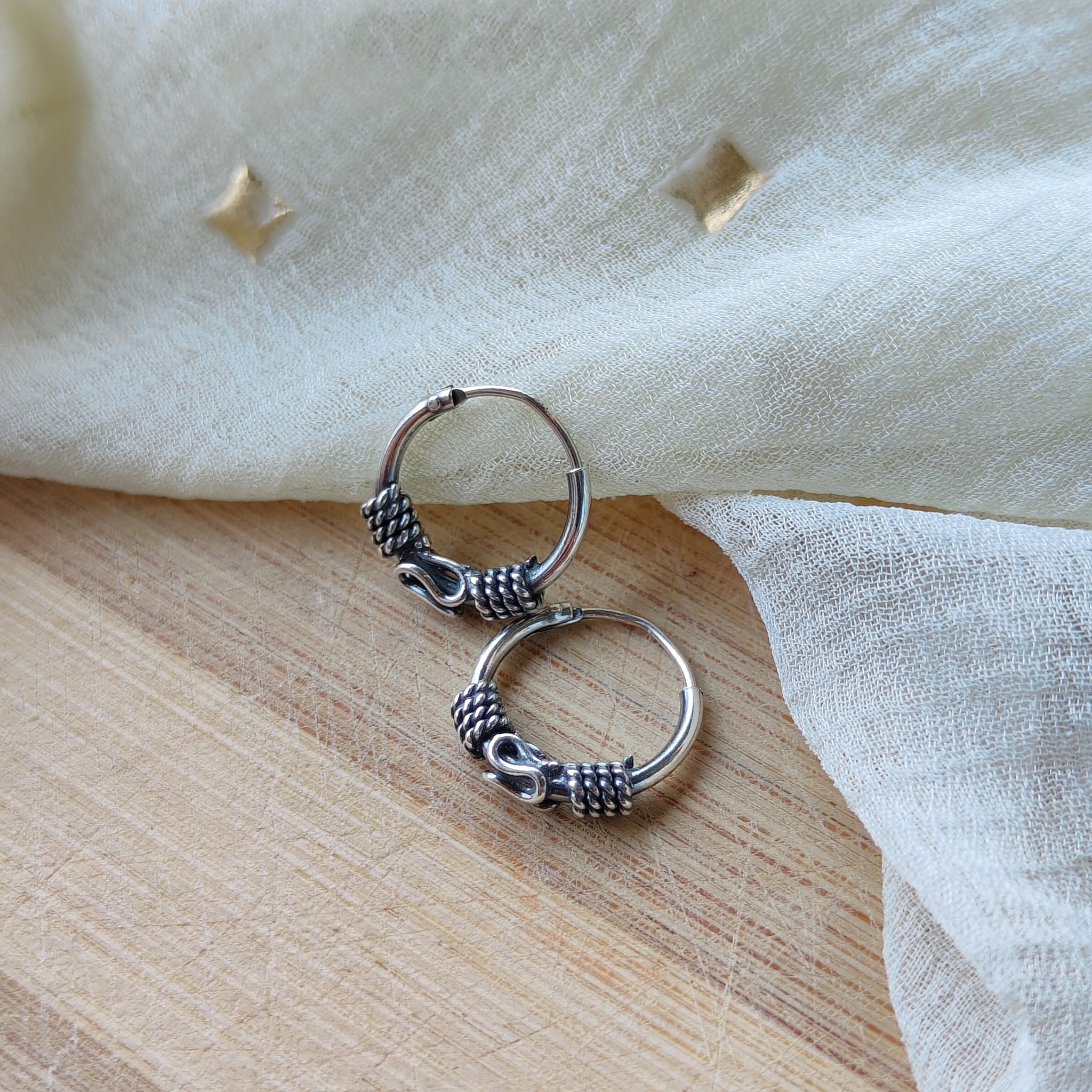 Silver Sterling Oxidised Wired Tribal Dainty Statement Hoops