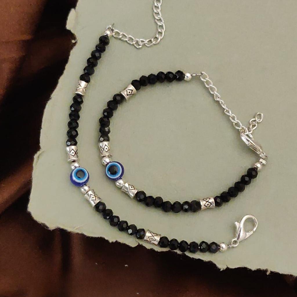 Silver Evil Eye Black Beaded Kids Indian Nazaria Bracelet