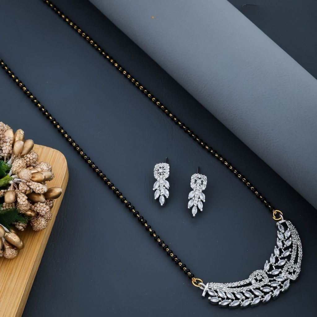Indian Nazaria Silver Floral Zircon Mangalsutra Black Beads Earring and Pendant Necklace