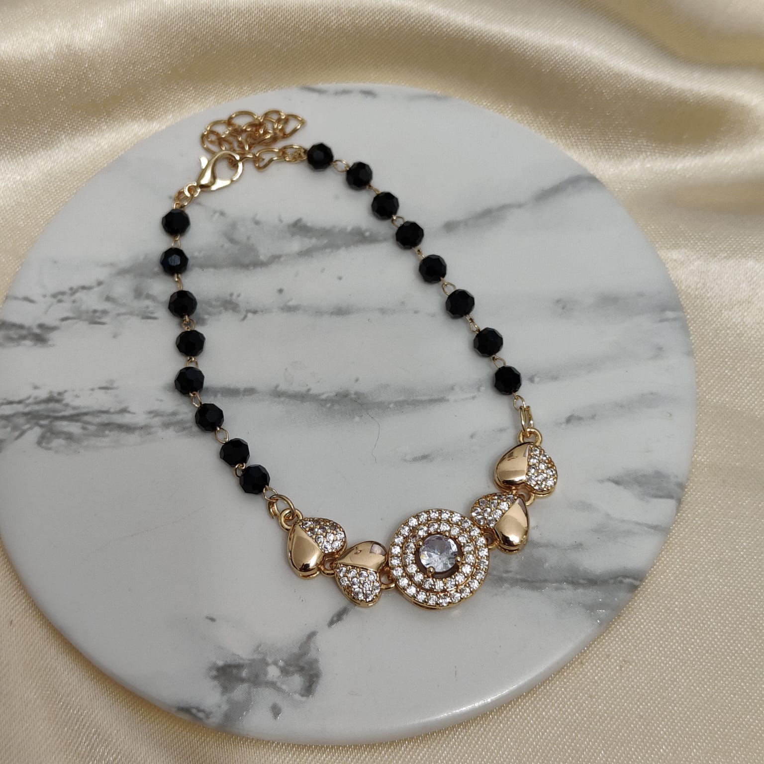 Large Zircon Heart Charm beaded adjustable Bracelet